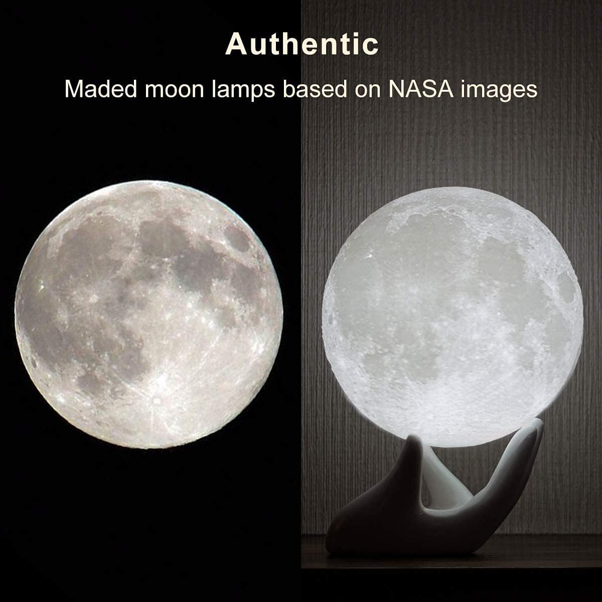 Moon Lamp with Hand Base – 3.5" Touch Control Night Light, Warm & Cool White