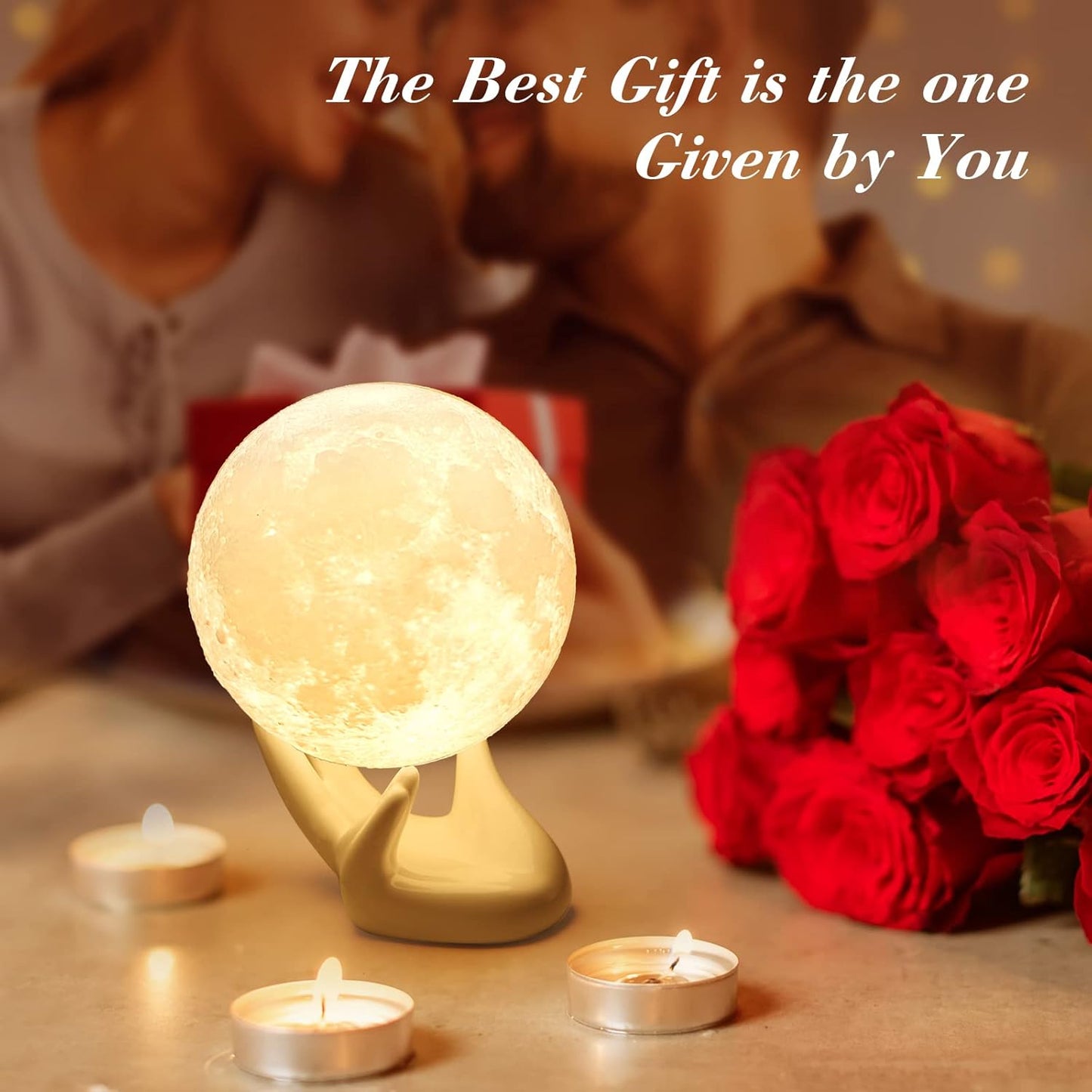 Moon Lamp with Hand Base – 3.5" Touch Control Night Light, Warm & Cool White