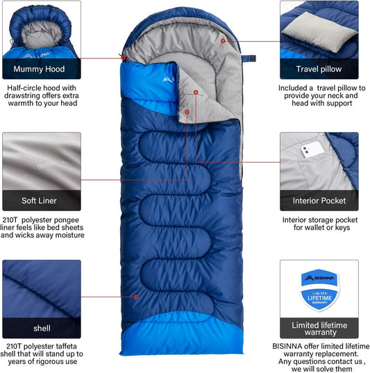 4-Season Camping Sleeping Bag with Travel Pillow – Lightweight, Warm & Compact for Hiking & Travel